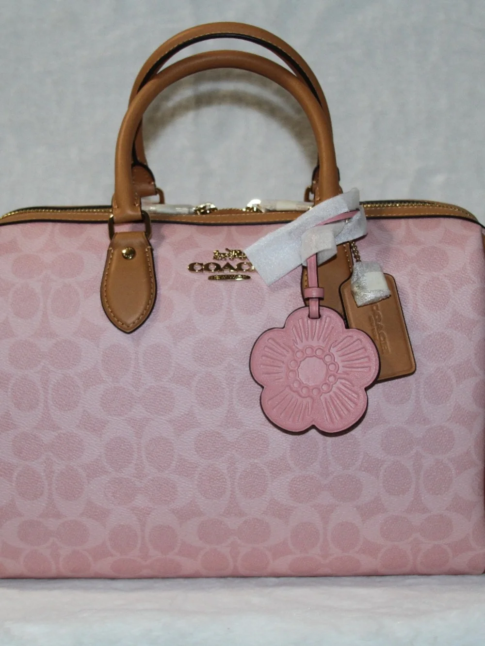 NWT COACH Large Rowan Powder pink Satchel Bag With Tea Rose Charms